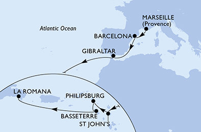 Francie, Španělsko, Velká Británie, Antigua a Barbuda, Svatý Martin, Svatý Kryštof a Nevis, Dominikánská republika z Marseille na lodi MSC Opera