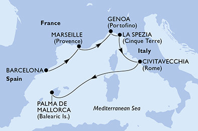 Španělsko, Francie, Itálie z Barcelony na lodi MSC World Europa