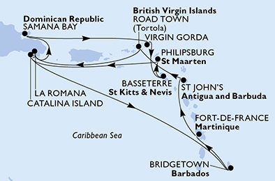 Barbados, Martinik, Antigua a Barbuda, Britské Panenské ostrovy, Dominikánská republika, Zámořské území Velké Británie, Svatý Kryštof a Nevis, Svatý Martin z Bridgetownu na lodi MSC Opera