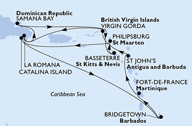 Barbados, Martinik, Antigua a Barbuda, Zámořské území Velké Británie, Dominikánská republika, Svatý Kryštof a Nevis, Svatý Martin z Bridgetownu na lodi MSC Opera