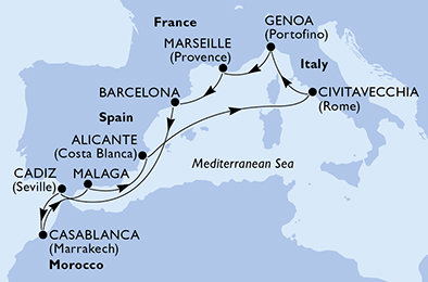 Španělsko, Maroko, Itálie, Francie z Barcelony na lodi MSC Magnifica