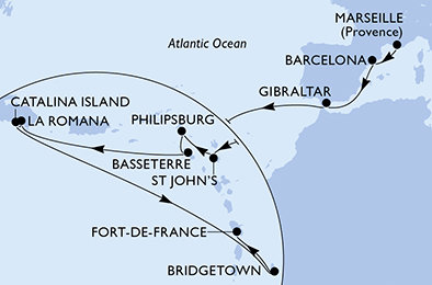 Francie, Španělsko, Velká Británie, Antigua a Barbuda, Svatý Martin, Svatý Kryštof a Nevis, Dominikánská republika, Barbados, Martinik z Marseille na lodi MSC Opera