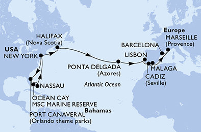 USA, Bahamy, Kanada, Portugalsko, Španělsko, Francie z New Yorku na lodi MSC Meraviglia