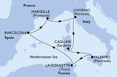Sicílie, Tunisko, Španělsko, Francie, Itálie, Sardinie z Palerma na lodi MSC Splendida