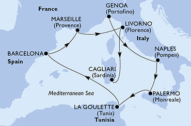 Itálie, Sicílie, Tunisko, Španělsko, Francie, Sardinie z Janova na lodi MSC Splendida