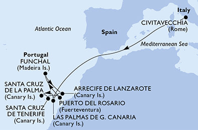 Itálie, Španělsko, Madeira z Civitavecchia na lodi MSC Fantasia