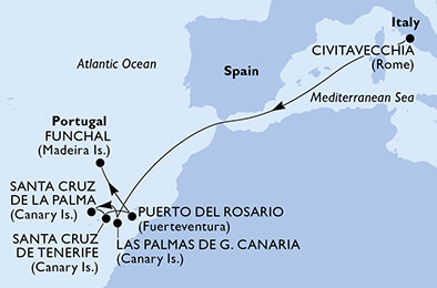 Itálie, Španělsko, Madeira z Civitavecchia na lodi MSC Fantasia
