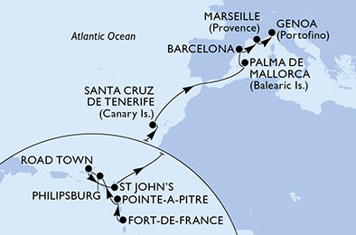 Martinik, Guadeloupe, Svatý Martin, Britské Panenské ostrovy, Antigua a Barbuda, Tenerife, Mallorca, Španělsko, Francie, Itálie z Fort-de-France na lodi MSC Seaview