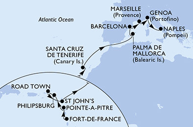 Martinik, Guadeloupe, Svatý Martin, Britské Panenské ostrovy, Antigua a Barbuda, Španělsko, Francie, Itálie z Fort-de-France, Martinik na lodi MSC Seaview