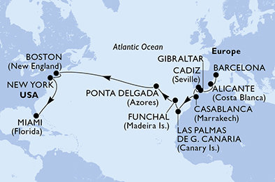 Španělsko, Velká Británie, Maroko, Madeira, Portugalsko, USA z Barcelony na lodi MSC Meraviglia