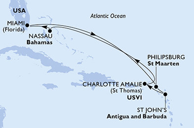 USA, Svatý Martin, Antigua a Barbuda, Bahamy z Miami na lodi MSC Meraviglia