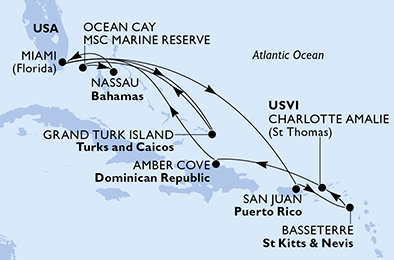 USA, Svatý Kryštof a Nevis, Dominikánská republika, Zámořské území Velké Británie, Bahamy z Miami na lodi MSC Meraviglia