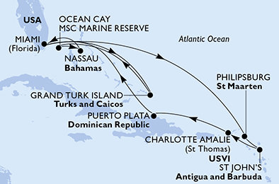 USA, Zámořské území Velké Británie, Bahamy, Svatý Martin, Antigua a Barbuda, Dominikánská republika z Miami na lodi MSC Meraviglia