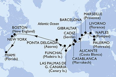 Itálie, Francie, Španělsko, Velká Británie, Maroko, , Madeira, Portugalsko, USA z Palerma na lodi MSC Meraviglia