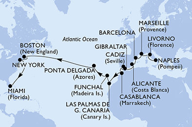 Itálie, Francie, Španělsko, Velká Británie, Maroko, Madeira, Portugalsko, USA z Neapole na lodi MSC Meraviglia