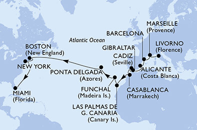Itálie, Francie, Španělsko, Velká Británie, Maroko, Madeira, Portugalsko, USA z Livorna na lodi MSC Meraviglia
