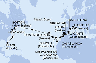 Francie, Španělsko, Velká Británie, Maroko, Madeira, Portugalsko, USA z Marseille na lodi MSC Meraviglia