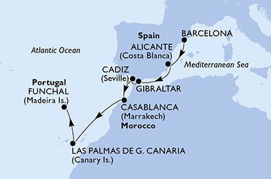 Španělsko, Velká Británie, Maroko, Madeira z Barcelony na lodi MSC Meraviglia