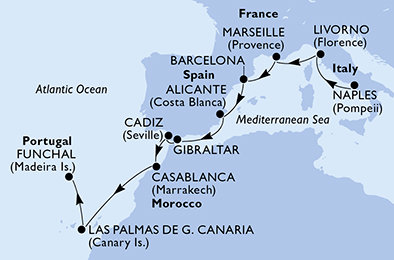Itálie, Francie, Španělsko, Velká Británie, Maroko, Gran Canaria, Madeira z Neapole na lodi MSC Meraviglia