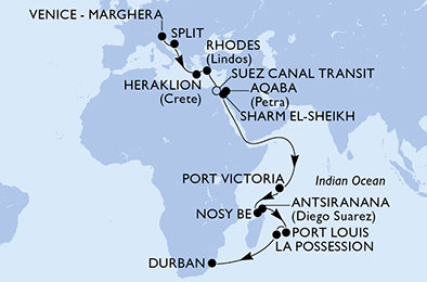 Itálie, Chorvatsko, Kréta, Řecko, Egypt, Jordánsko, Seychely, Madagaskar, Mauricius, Reunion, Jihoafrická republika z Marghery na lodi MSC Armonia