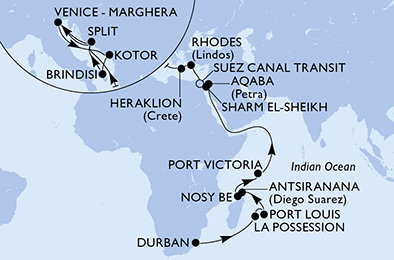 Jihoafrická republika, Reunion, Mauricius, Madagaskar, Seychely, Jordánsko, Egypt, Řecko, Kréta, Chorvatsko, Itálie, Černá Hora z Durbanu na lodi MSC Armonia