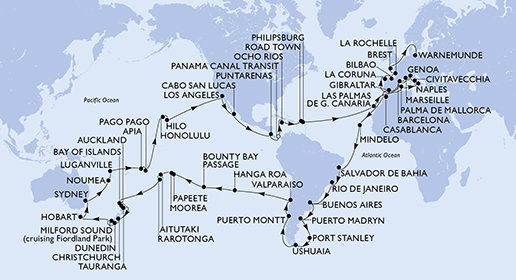 Itálie, Francie, Španělsko, Velká Británie, Maroko, Kapverdy, Brazílie, Argentina, Zámořské území Velké Británie, Chile, Francouzská Polynésie, Cookovy ostrovy, Nový Zéland, Austrálie, Nová Kaledonie, Vanuatská republika, Samoa, Americká Samoa, USA, Mexiko, Kostarika, Panama, Jamajka, Britské Panenské ostrovy, Svatý Martin, Německo z Janova na lodi MSC Magnifica
