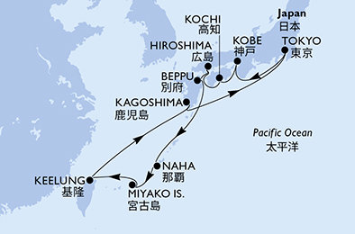 Honšú, Šikoku, Kjúšú, Okinawa, Japonsko, Tchaj-wan z Tokia na lodi MSC Bellissima