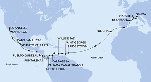 Itálie, Francie, Španělsko, Portugalsko, Barbados, Grenada, Curacao, Kolumbie, Kostarika, Panama, Guatemala, Mexiko, USA z Janova na lodi MSC Magnifica