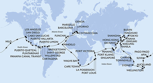 Itálie, Francie, Španělsko, Portugalsko, Barbados, Grenada, Curacao, Kolumbie, Kostarika, Panama, Guatemala, Mexiko, USA, Americká Samoa, Samoa, Fidži, Nový Zéland, Austrálie, Filipíny, Tchaj-wan, Japonsko, Jižní Korea, Čína, Vietnam, Singapur, Malajsie, Seychely, Mauricius, Reunion, Jihoafrická republika, Namibie, Kapverdy z Civitavecchia na lodi MSC Magnifica