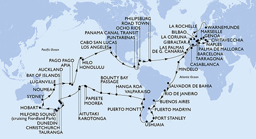 Itálie, Francie, Španělsko, Velká Británie, Maroko, Kapverdy, Brazílie, Argentina, Zámořské území Velké Británie, Chile, Francouzská Polynésie, Cookovy ostrovy, Nový Zéland, Austrálie, Nová Kaledonie, Vanuatu, Samoa, Americká Samoa, USA, Mexiko, Kostarika, Panama, Jamajka, Britské Panenské ostrovy, Svatý Martin, Německo z Janova na lodi MSC Magnifica