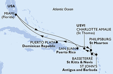 USA, Svatý Martin, Svatý Kryštof a Nevis, Antigua a Barbuda, Dominikánská republika z Miami na lodi MSC Divina