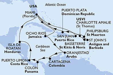 USA, Jamajka, Aruba, Kolumbie, Panama, Kostarika, Honduras, Svatý Martin, Svatý Kryštof a Nevis, Antigua a Barbuda, Dominikánská republika z Miami na lodi MSC Divina
