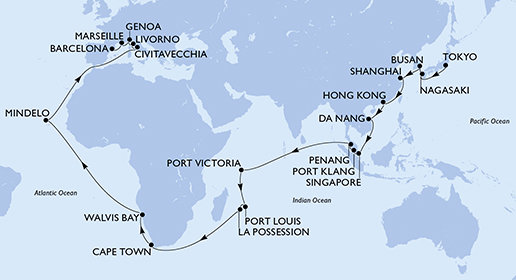 Japonsko, Jižní Korea, Čína, Vietnam, Singapur, Malajsie, Seychely, Mauricius, Reunion, Jihoafrická republika, Namibie, Kapverdy, Itálie, Francie, Španělsko z Tokia na lodi MSC Magnifica