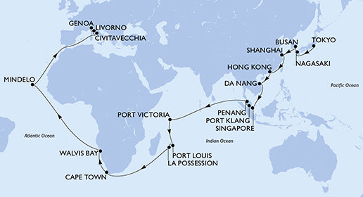 Japonsko, Jižní Korea, Čína, Vietnam, Singapur, Malajsie, Seychely, Mauricius, Reunion, Jihoafrická republika, Namibie, Kapverdy, Itálie z Tokia na lodi MSC Magnifica