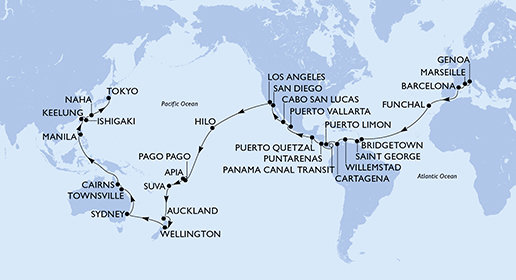 Itálie, Francie, Španělsko, Portugalsko, Barbados, Grenada, Curacao, Kolumbie, Kostarika, Panama, Guatemala, Mexiko, USA, Americká Samoa, Samoa, Fidži, Nový Zéland, Austrálie, Filipíny, Tchaj-wan, Japonsko z Janova na lodi MSC Magnifica