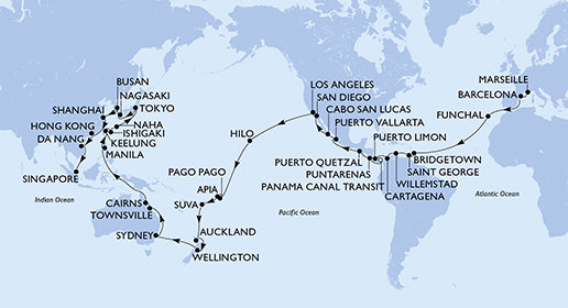 Francie, Španělsko, Portugalsko, Barbados, Grenada, Curacao, Kolumbie, Kostarika, Panama, Guatemala, Mexiko, USA, Americká Samoa, Samoa, Fidži, Nový Zéland, Austrálie, Filipíny, Tchaj-wan, Japonsko, Jižní Korea, Čína, Vietnam, Singapur z Marseille na lodi MSC Magnifica