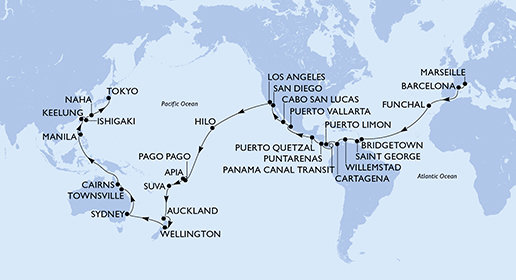 Francie, Španělsko, Portugalsko, Barbados, Grenada, Curacao, Kolumbie, Kostarika, Panama, Guatemala, Mexiko, USA, Americká Samoa, Samoa, Fidži, Nový Zéland, Austrálie, Filipíny, Tchaj-wan, Japonsko z Marseille na lodi MSC Magnifica