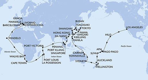 USA, Americká Samoa, Samoa, Fidži, Nový Zéland, Austrálie, Filipíny, Tchaj-wan, Japonsko, Jižní Korea, Čína, Vietnam, Singapur, Malajsie, Seychely, Mauricius, Reunion, Jihoafrická republika, Namibie, Kapverdy, Itálie, Francie, Španělsko na lodi MSC Magnifica