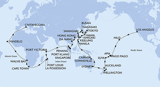 USA, Americká Samoa, Samoa, Fidži, Nový Zéland, Austrálie, Filipíny, Tchaj-wan, Japonsko, Jižní Korea, Čína, Vietnam, Singapur, Malajsie, Seychely, Mauricius, Reunion, Jihoafrická republika, Namibie, Kapverdy, Itálie na lodi MSC Magnifica