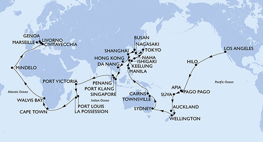 USA, Americká Samoa, Samoa, Fidži, Nový Zéland, Austrálie, Filipíny, Tchaj-wan, Japonsko, Jižní Korea, Čína, Vietnam, Singapur, Malajsie, Seychely, Mauricius, Reunion, Jihoafrická republika, Namibie, Kapverdy, Itálie, Francie na lodi MSC Magnifica