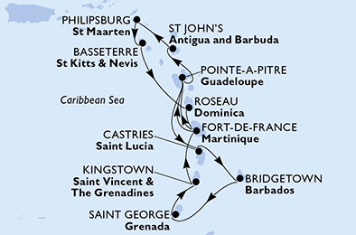 Barbados, Grenada, Svatý Vincenc a Grenadiny, Martinik, Guadeloupe, Antigua a Barbuda, Svatý Martin, Svatý Kryštof a Nevis, Dominika, Svatá Lucie z Bridgetownu na lodi MSC Seaview