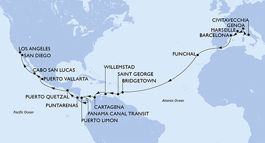 Itálie, Francie, Španělsko, Portugalsko, Barbados, Grenada, Curacao, Kolumbie, Kostarika, Panama, Guatemala, Mexiko, USA z Civitavecchia na lodi MSC Magnifica