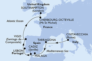 Itálie, Španělsko, Portugalsko, Francie, Velká Británie z Civitavecchia na lodi MSC Meraviglia