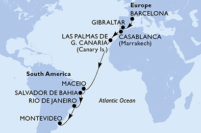 Španělsko, Velká Británie, Maroko, Brazílie, Uruguay z Barcelony na lodi MSC Splendida