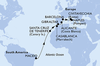 Brazílie, Španělsko, Maroko, Velká Británie, Itálie z Maceia na lodi MSC Divina
