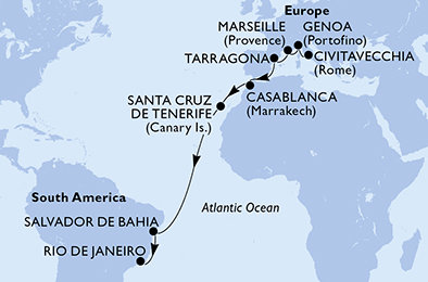 Itálie, Francie, Španělsko, Maroko, Brazílie z Civitavecchia na lodi MSC Musica