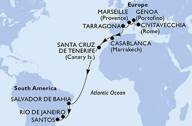 Itálie, Francie, Španělsko, Maroko, Brazílie z Civitavecchia na lodi MSC Musica