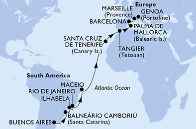 Argentina, Brazílie, Španělsko, Maroko, Francie, Itálie z Buenos Aires na lodi MSC Fantasia