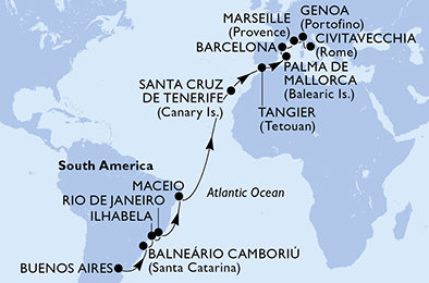 Argentina, Brazílie, Španělsko, Maroko, Francie, Itálie z Buenos Aires na lodi MSC Fantasia