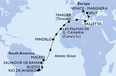 Brazílie, Kapverdy, Španělsko, Maroko, Malta, Chorvatsko, Itálie z Rio de Janeira na lodi MSC Lirica